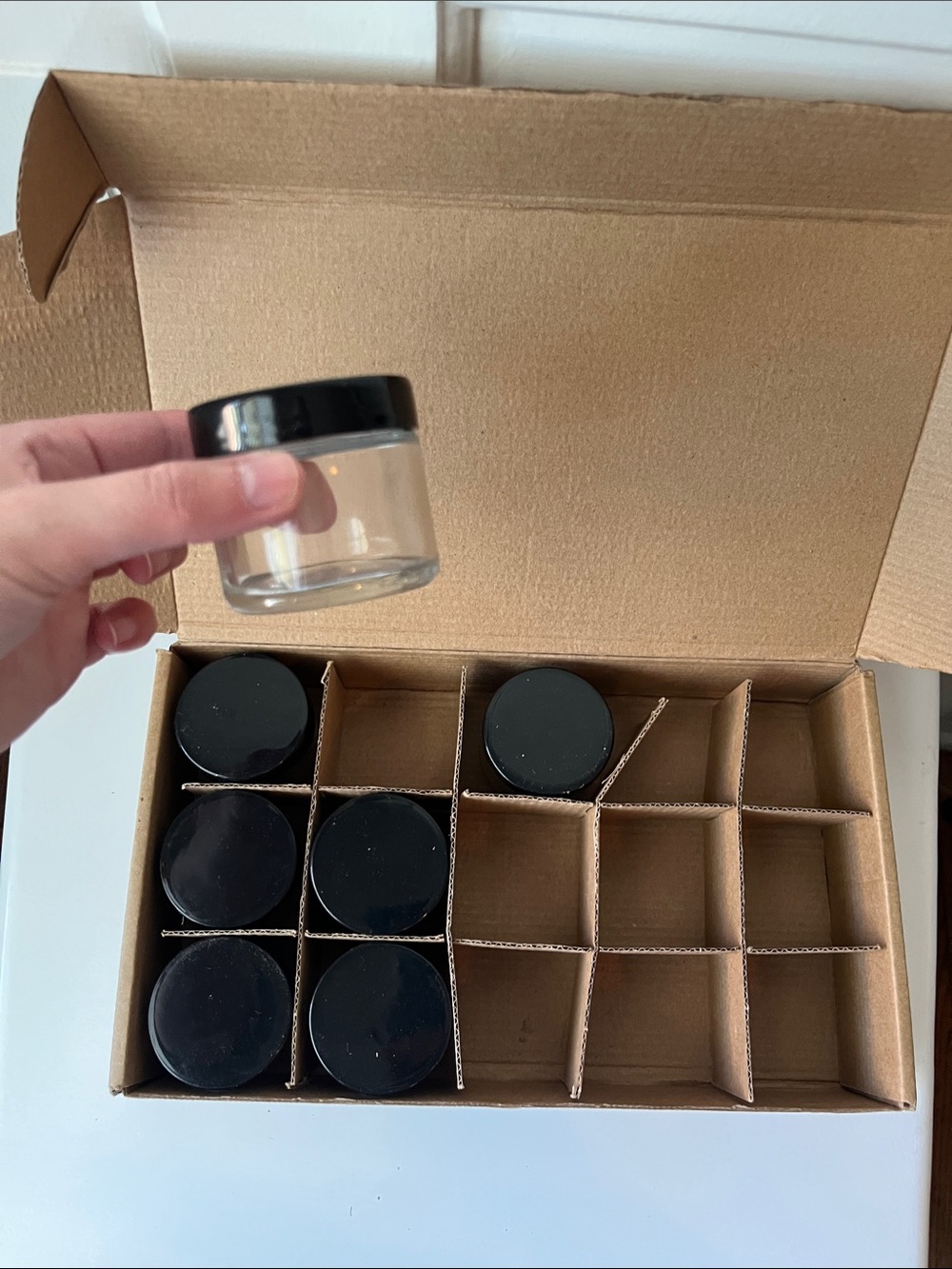 Lot of 7 Bekith Round Black Plastic Top Glass Craft Jars